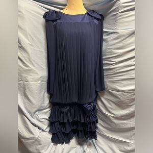 Elegant Saks Fifth Avenue Navy Pleated Long Sleeve Dress With Accent Bows